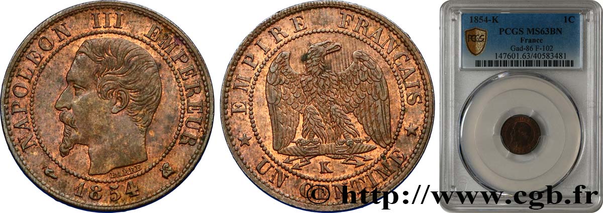 Un centime Napoléon III, tête nue 1854 Bordeaux F.102/13 MS63 PCGS
