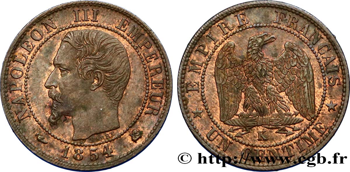 Un centime Napoléon III, tête nue 1854 Bordeaux F.102/13 AU55 