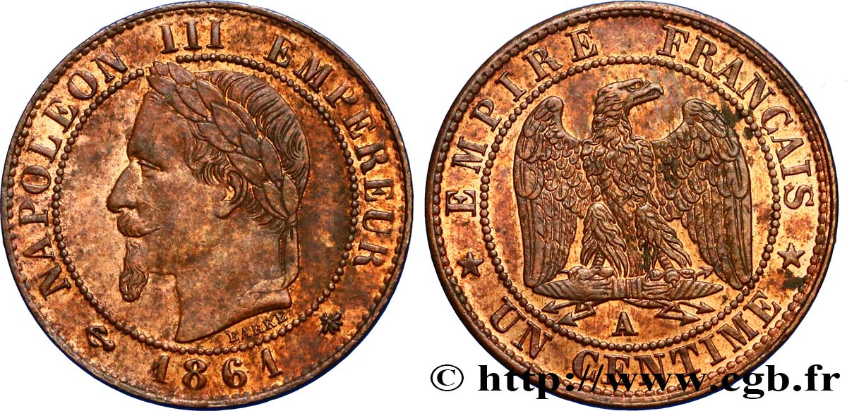 Un centime Napoléon III, tête laurée 1861 Paris F.103/1 AU55 