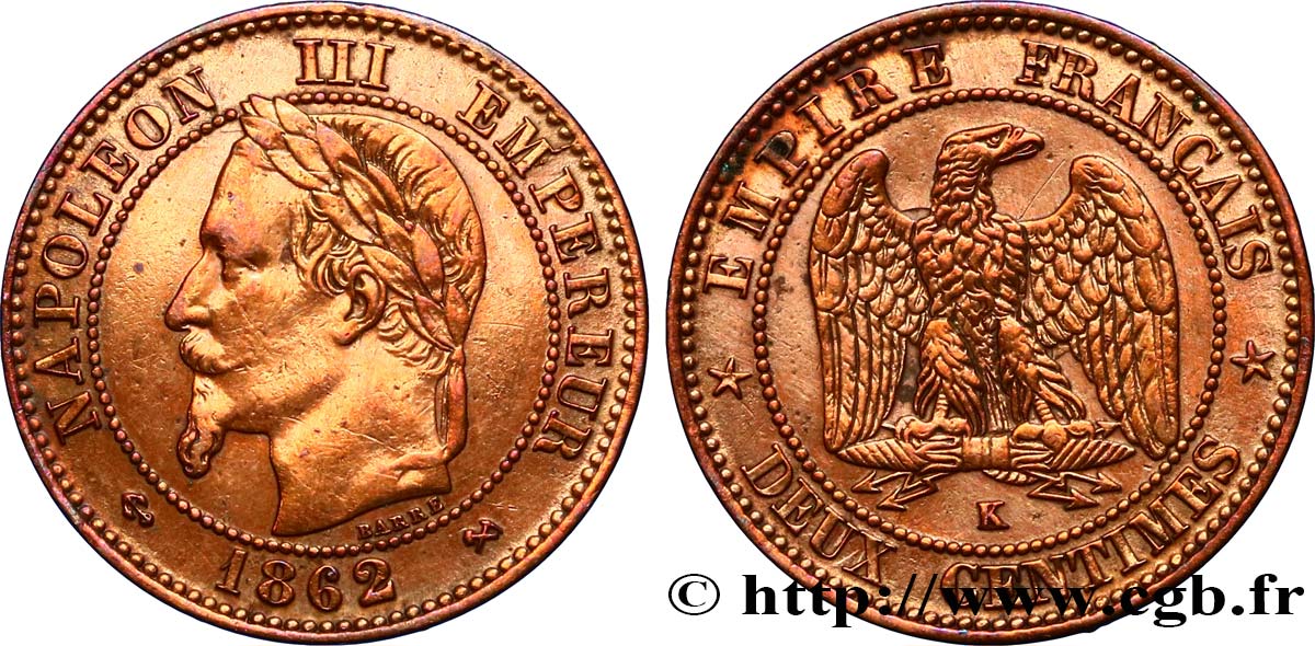 Deux centimes Napoléon III, tête laurée, buste définitif 1862 Bordeaux F.108A/7 q.SPL 