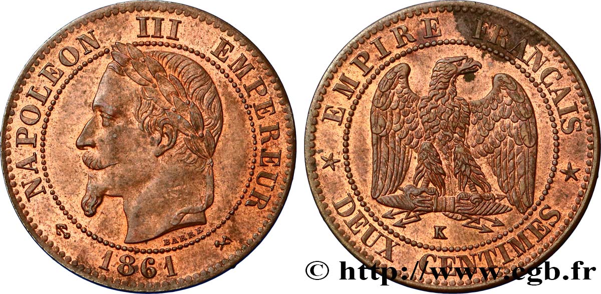 Deux centimes Napoléon III, tête laurée 1861 Bordeaux F.108A/3 SUP58 
