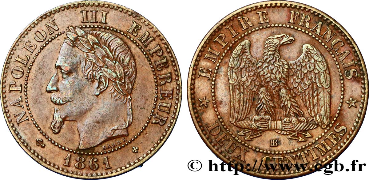 Deux centimes Napoléon III, tête laurée 1861 Strasbourg F.108A/2 SS54 