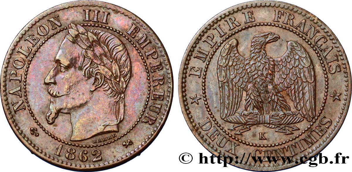 Deux centimes Napoléon III, tête laurée, buste définitif 1862 Bordeaux F.108A/7 EBC55 