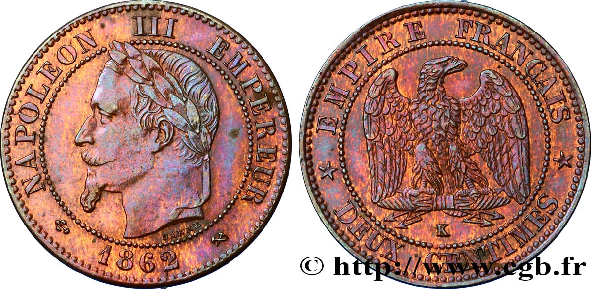 Deux centimes Napoléon III, tête laurée, buste définitif 1862 Bordeaux F.108A/7 EBC55 