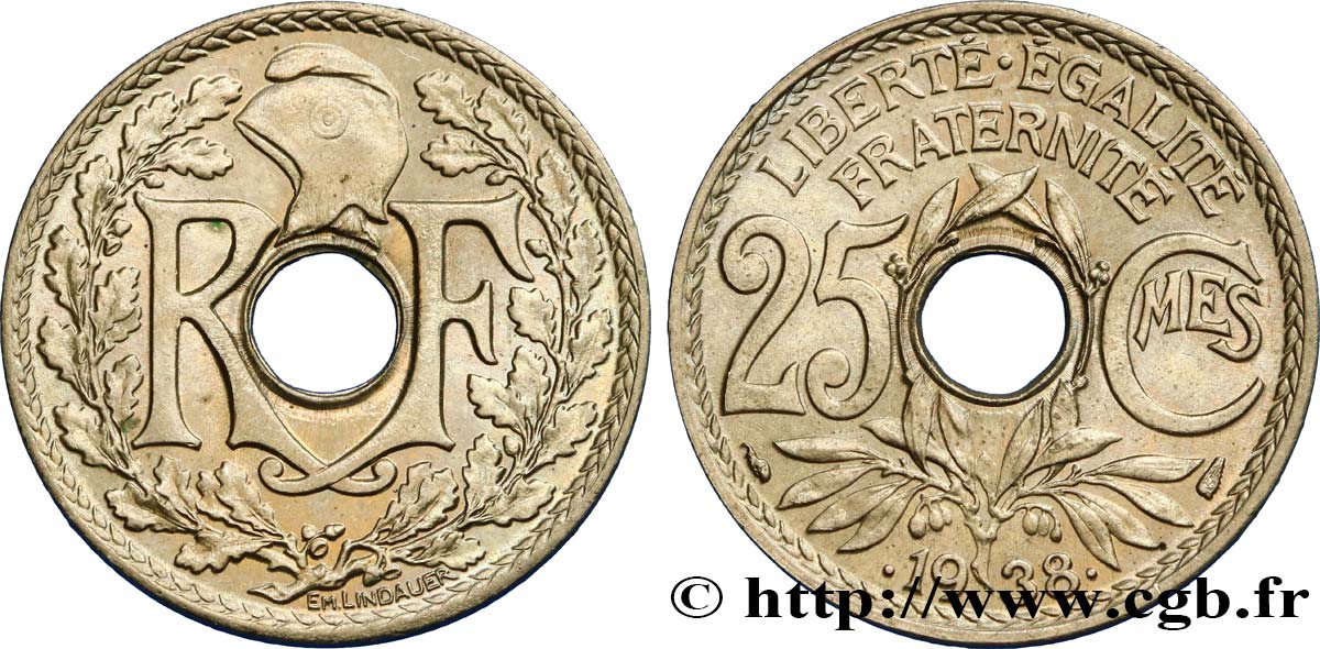 25 centimes Lindauer, maillechort 1938  F.172/2 SPL63 