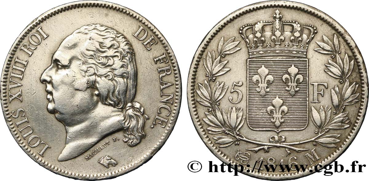 5 francs Louis XVIII, tête nue 1816 Toulouse F.309/9 TTB48 