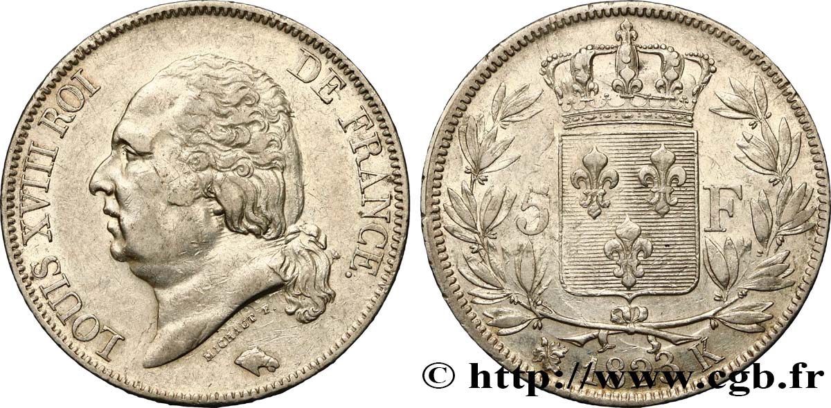 5 francs Louis XVIII, tête nue 1823 Bordeaux F.309/82 SS48 