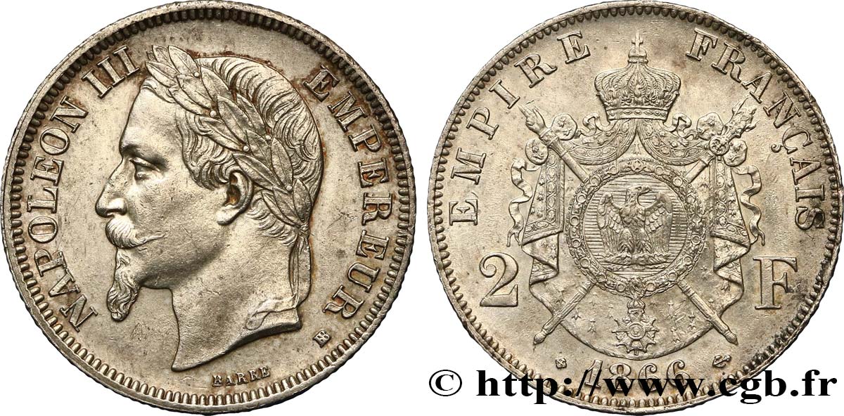 2 francs Napoléon III, tête laurée 1866 Strasbourg F.263/3 AU52 