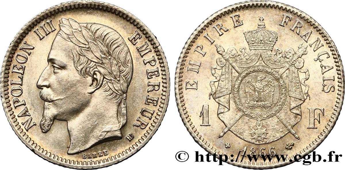 1 franc Napoléon III, tête laurée 1866 Strasbourg F.215/4 EBC60 