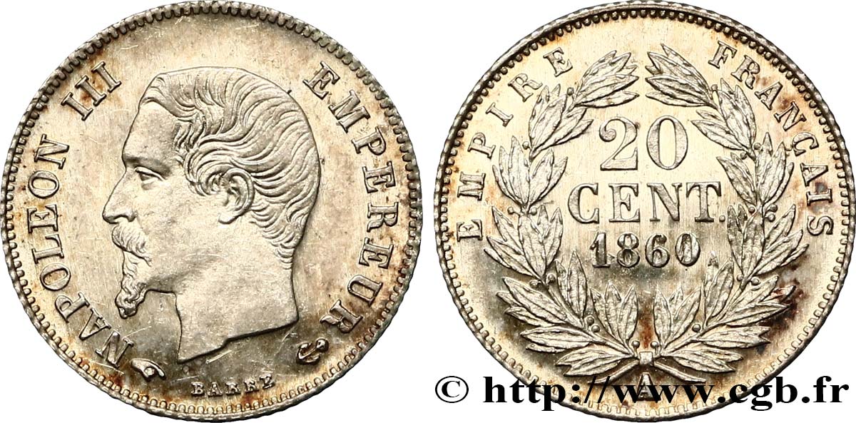 20 centimes Napoléon III, tête nue 1860 Paris F.148/14 SPL63 