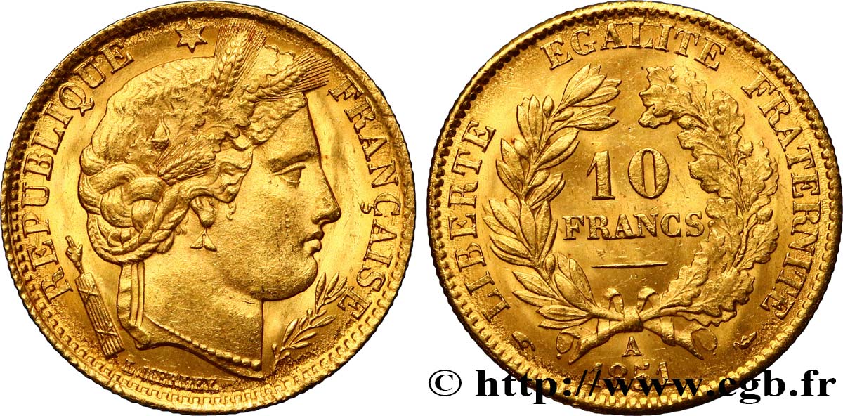 10 francs or Cérès, IIe République 1851 Paris F.504/3 VZ60 