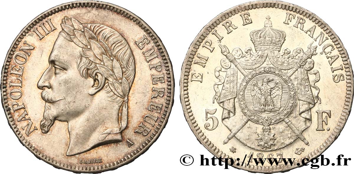 5 francs Napoléon III, tête laurée 1867 Paris F.331/10 SPL58 