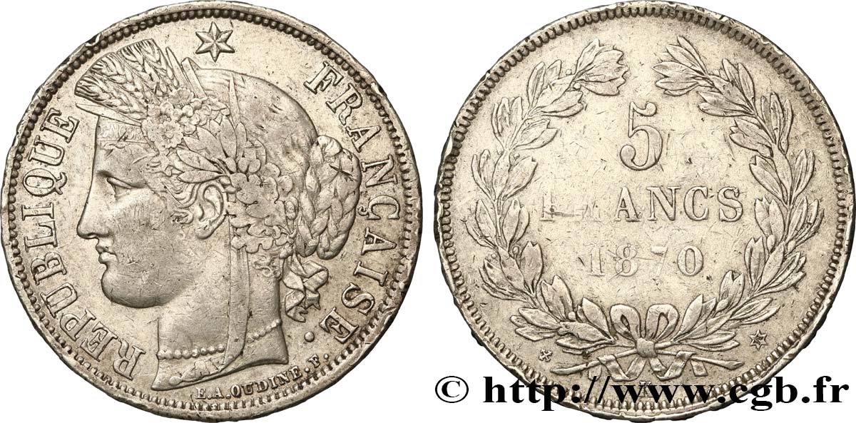5 francs Cérès, sans légende 1870 Bordeaux F.332/3 MBC40 