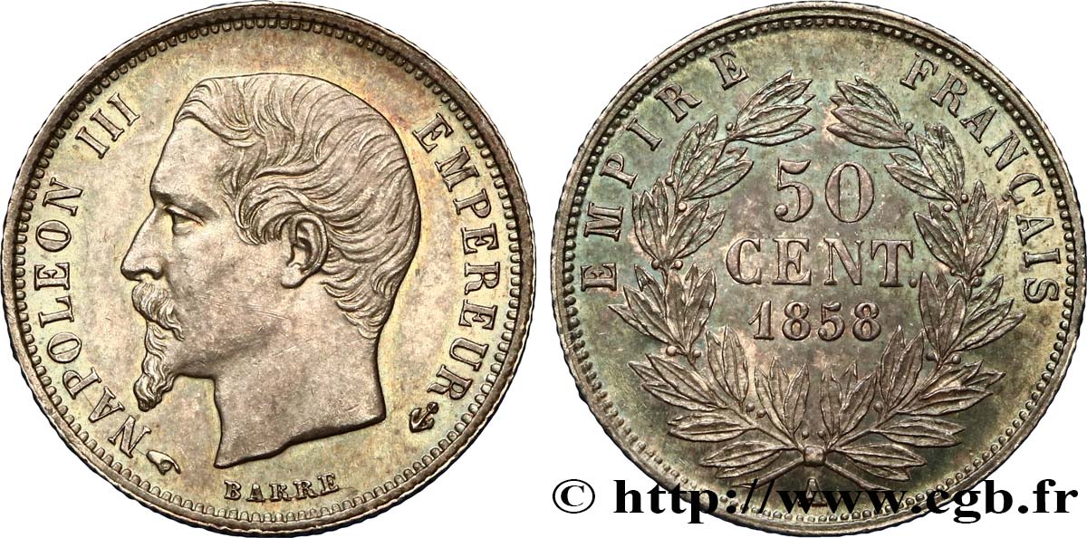 50 centimes Napoléon III, tête nue 1858 Paris F.187/9 MS63 