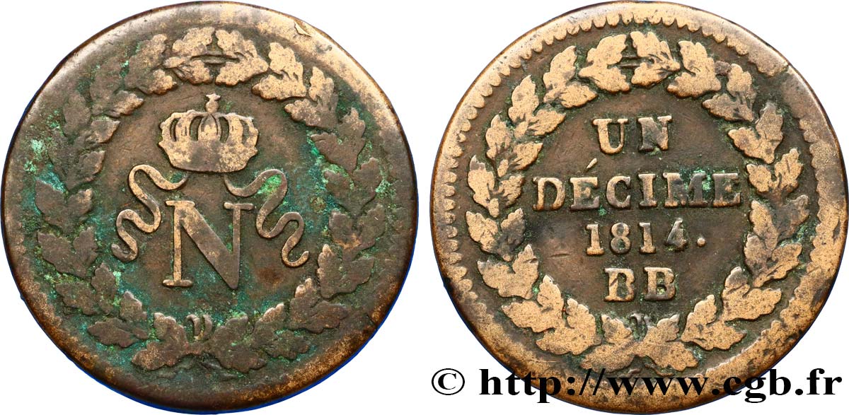 Un décime à l’N couronnée 1814 Strasbourg F.131/4 TB25 