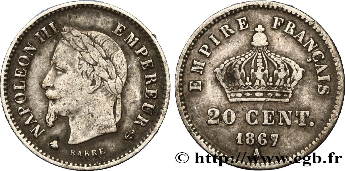 20 centimes Napoléon III, tête laurée, grand module 1867 Paris F.150/1 MB35 