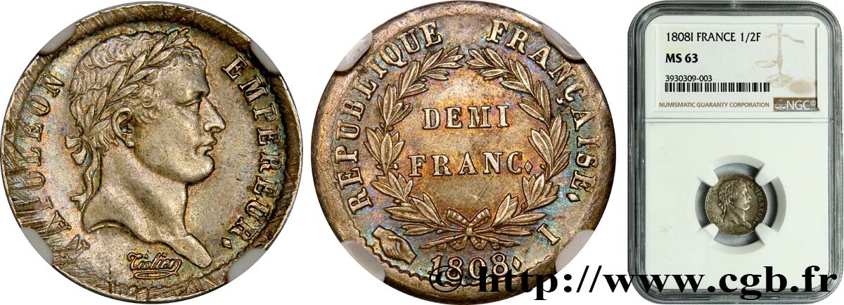 Demi-franc Napoléon Ier tête laurée, République française 1808 Limoges F.177/8 MS63 NGC