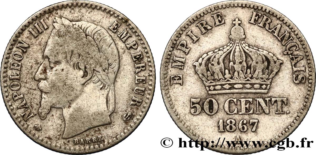 50 centimes Napoléon III, tête laurée 1867 Paris F.188/13 VF25 