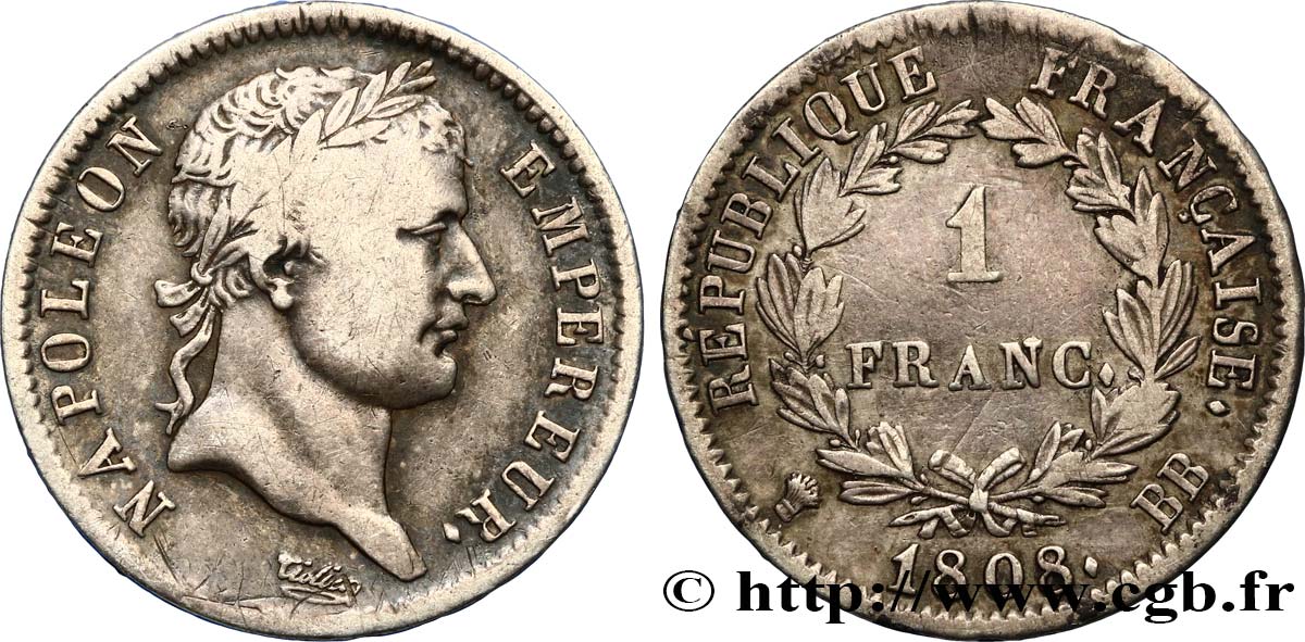 1 franc Napoléon Ier tête laurée, République française 1808 Strasbourg F.204/4 XF40 