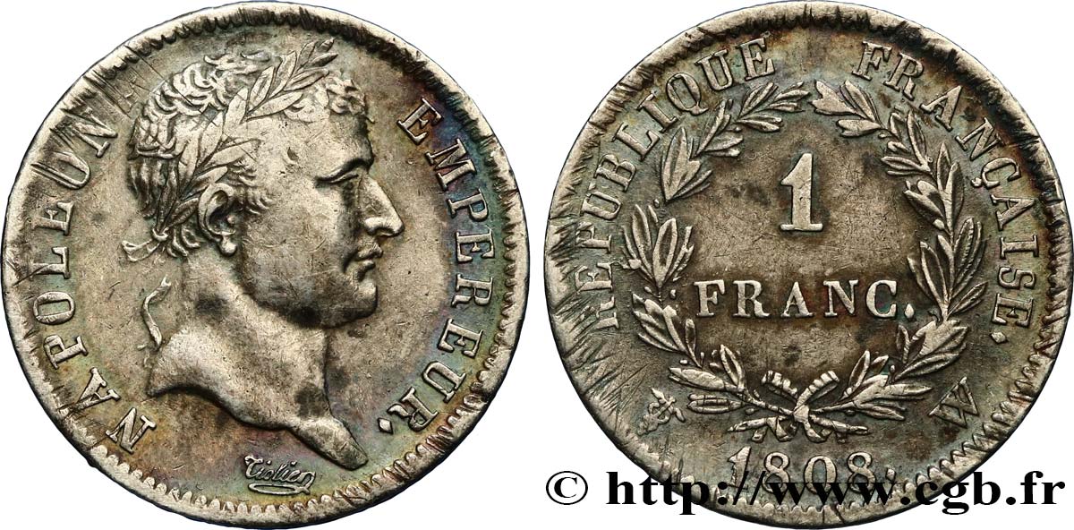1 franc Napoléon Ier tête laurée, République française 1808 Lille F.204/15 SS45 