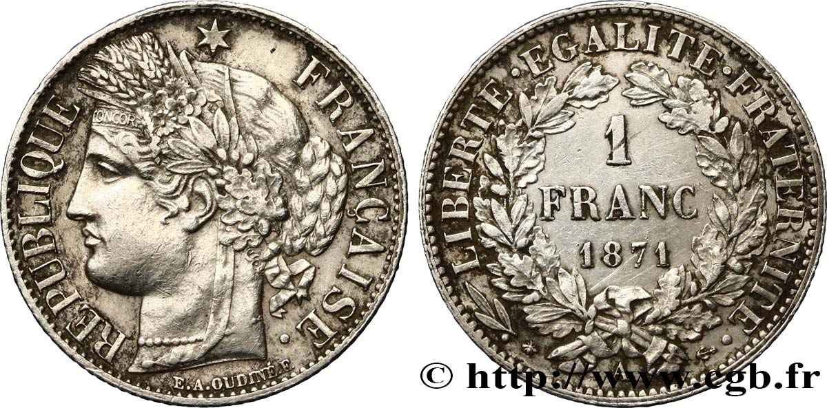 1 franc Cérès, IIIe République, grand A 1871 Paris F.216/1 XF48 