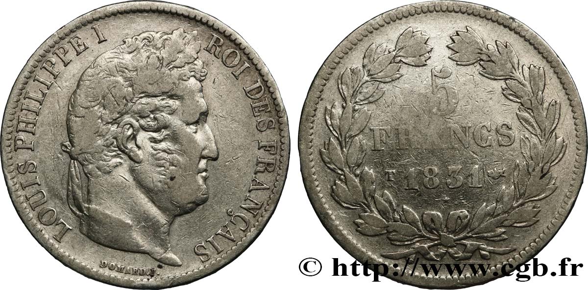 5 francs Ier type Domard, tranche en relief 1831 Nantes F.320/12 VF25 