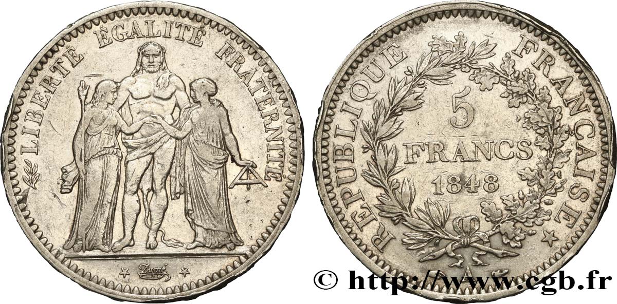 5 francs Hercule, IIe République 1848 Paris F.326/1 XF40 