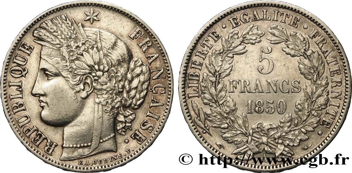 5 francs Cérès, IIe République 1850 Paris F.327/4 AU50 