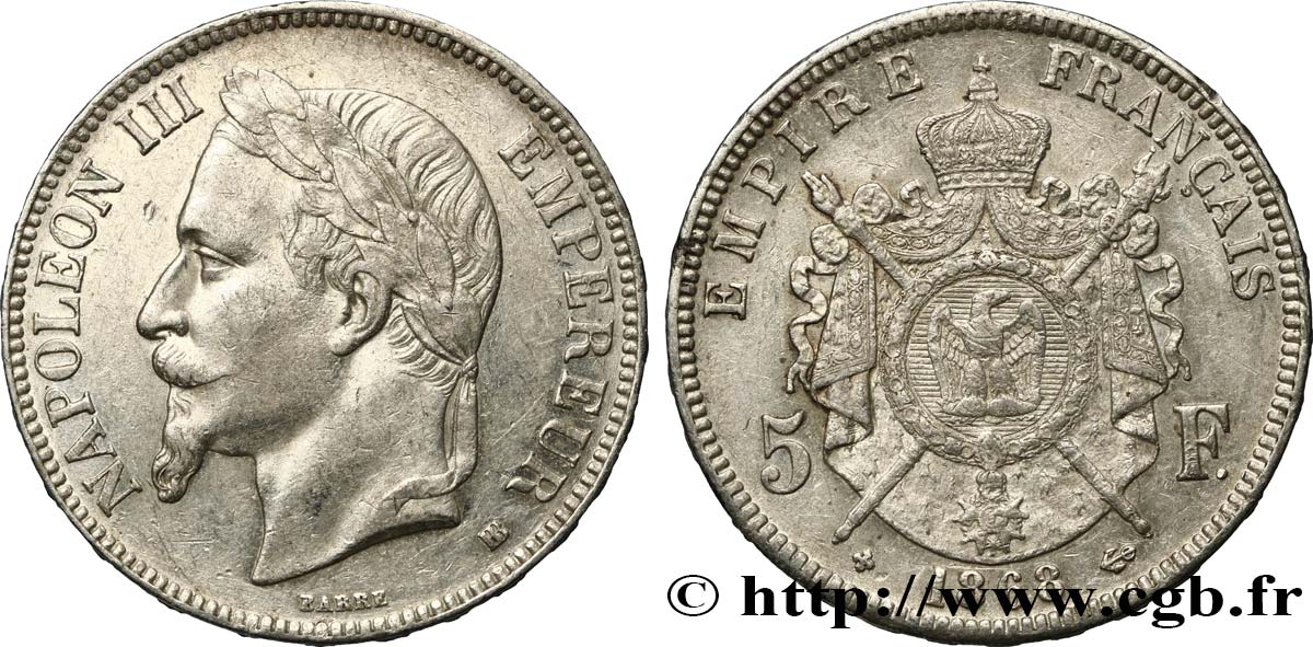 5 francs Napoléon III, tête laurée 1868 Strasbourg F.331/13 XF48 
