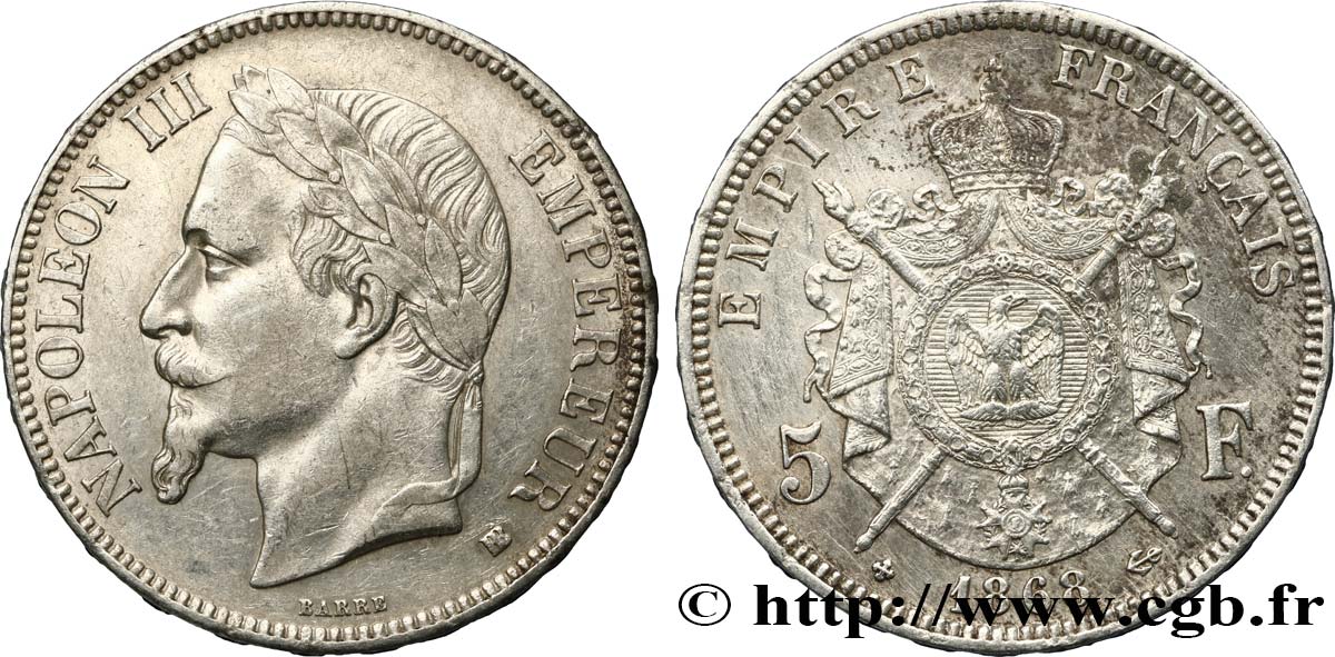 5 francs Napoléon III, tête laurée 1868 Strasbourg F.331/13 XF 