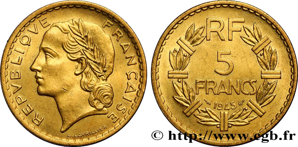 5 francs Lavrillier, bronze-aluminium 1945 Castelsarrasin F.337/6 AU58 