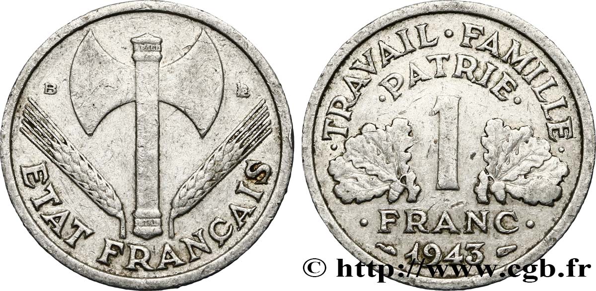 1 franc Francisque, légère 1943 Beaumont-Le-Roger F.223/4 VF25 