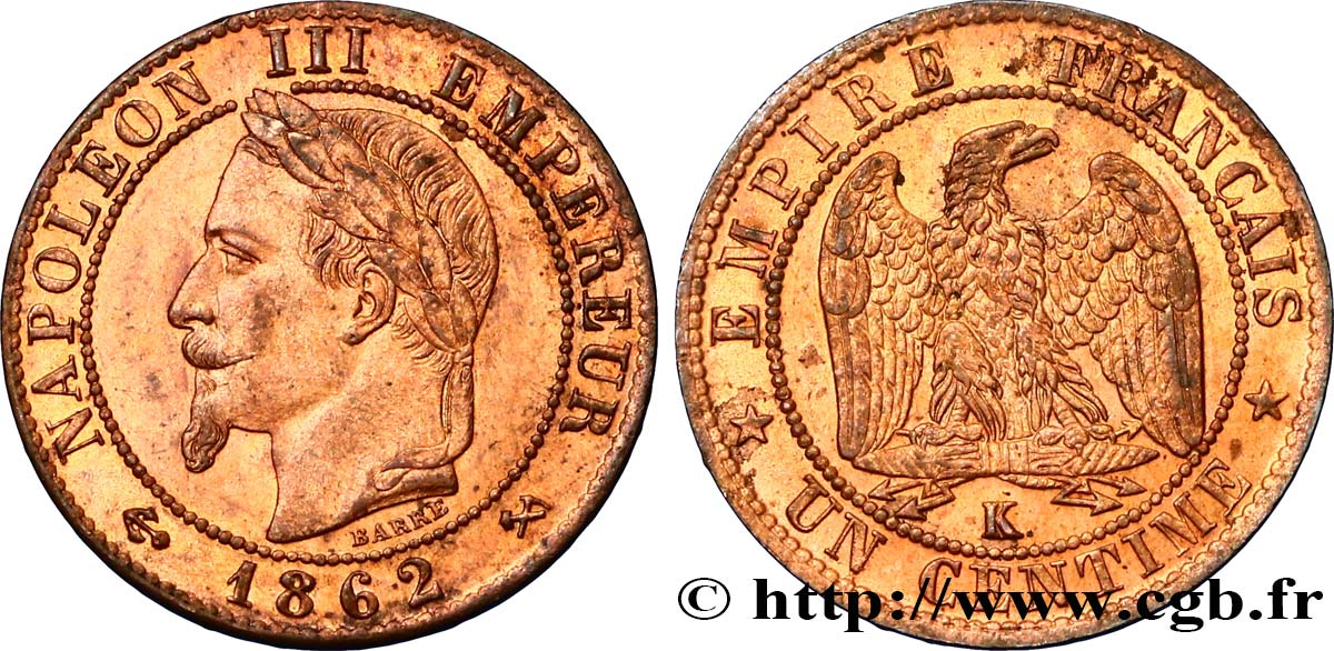 Un centime Napoléon III, tête laurée 1862 Bordeaux F.103/7 SUP58 