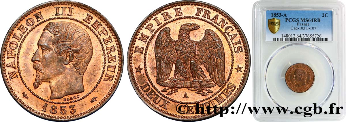 Deux centimes Napoléon III, tête nue 1853 Paris F.107/1 SC64 PCGS