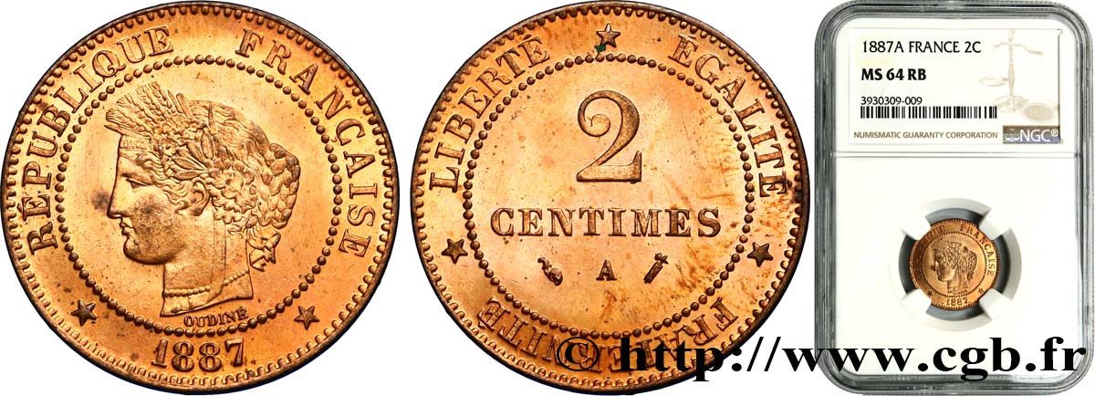 2 centimes Cérès 1887 Paris F.109/13 SPL64 NGC