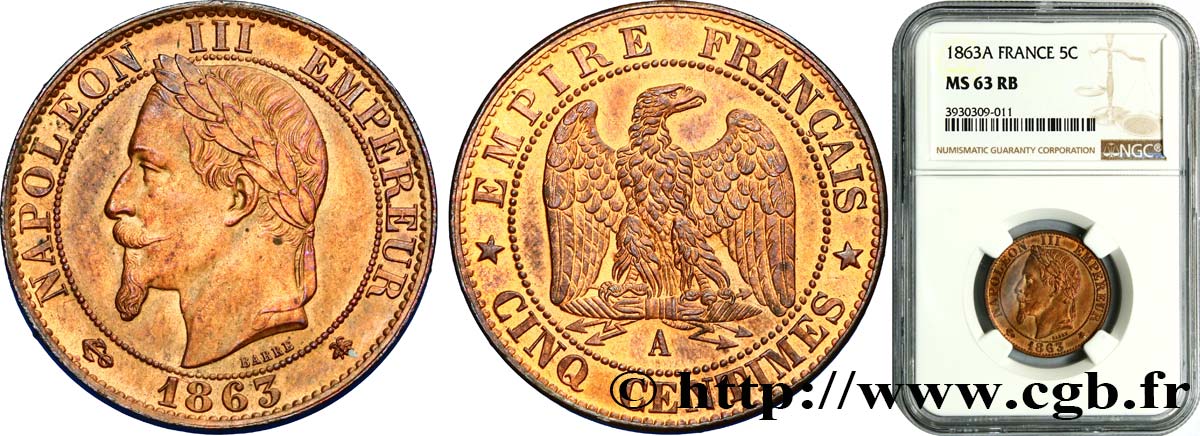 Cinq centimes Napoléon III, tête laurée 1863 Paris F.117/10 SPL63 NGC