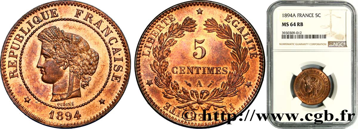 5 centimes Cérès 1894 Paris F.118/36 MS64 NGC