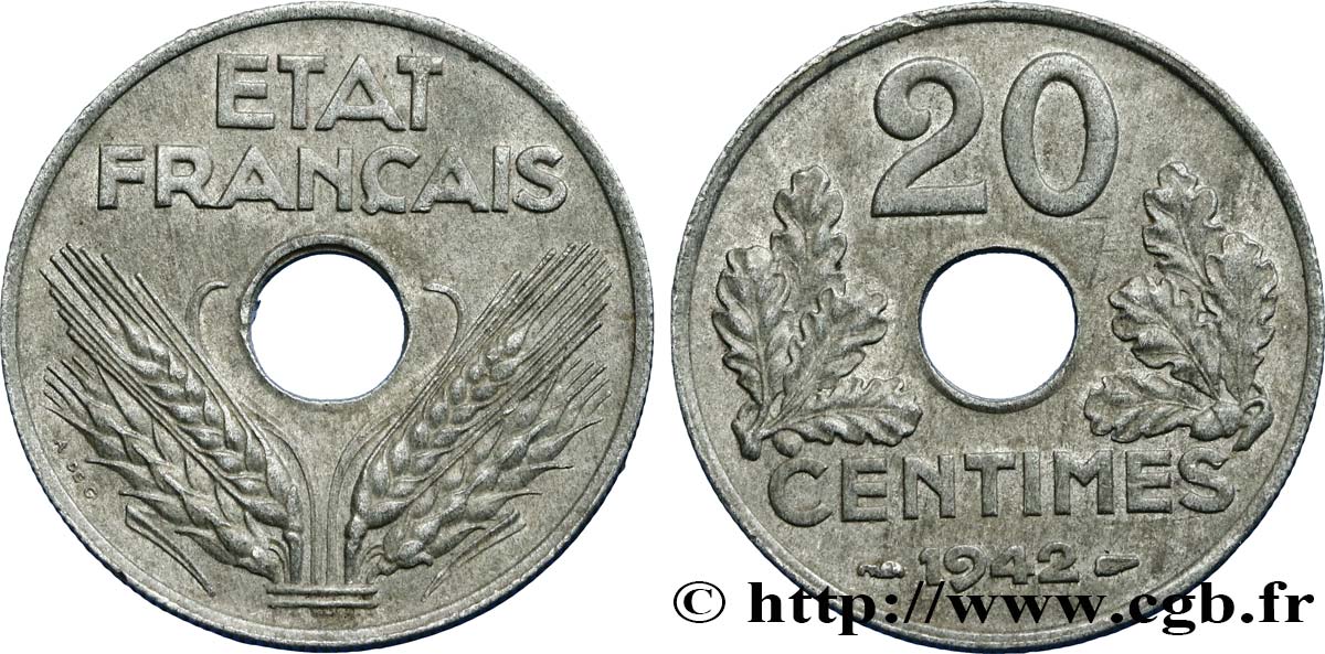 20 centimes État français, lourde 1942  F.153/4 BB54 