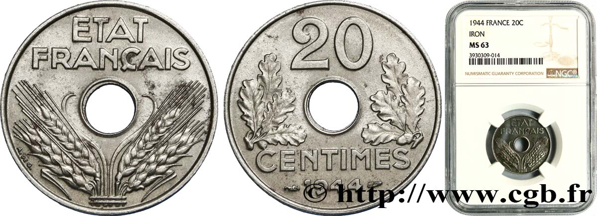 20 centimes fer 1944  F.154/3 SPL63 NGC