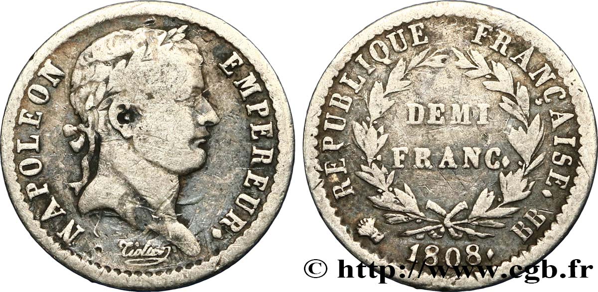 Demi-franc Napoléon Ier tête laurée, République française 1808 Strasbourg F.177/4 MB25 