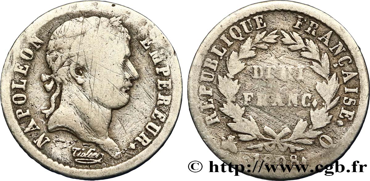 Demi-franc Napoléon Ier tête laurée, République française, buste fin 1808 Perpignan F.177/13 RC14 