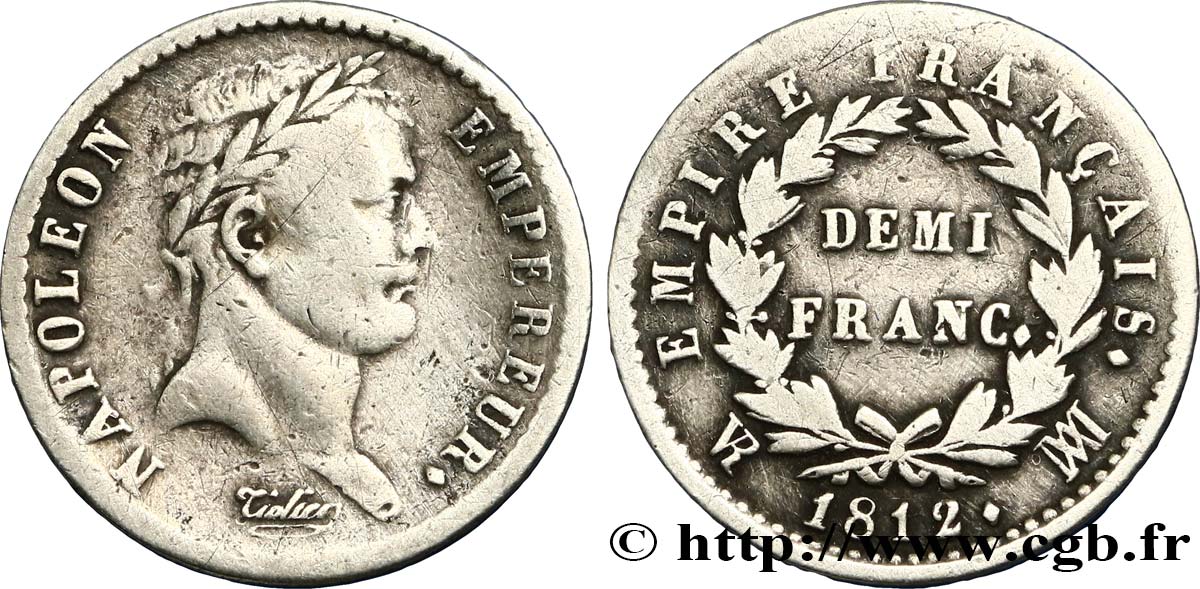 Demi-franc Napoléon Ier tête laurée, Empire français 1812 Marseille F.178/43 TB35 