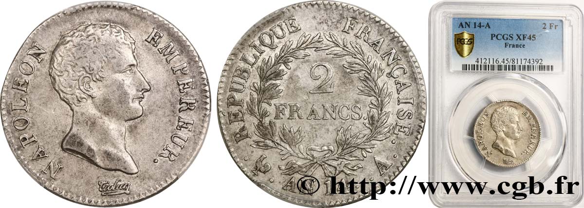 2 francs Napoléon Empereur, Calendrier révolutionnaire 1805 Paris F.251/27 BB45 PCGS