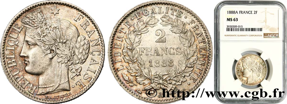 2 francs Cérès, avec légende 1888 Paris F.265/14 fST63 NGC