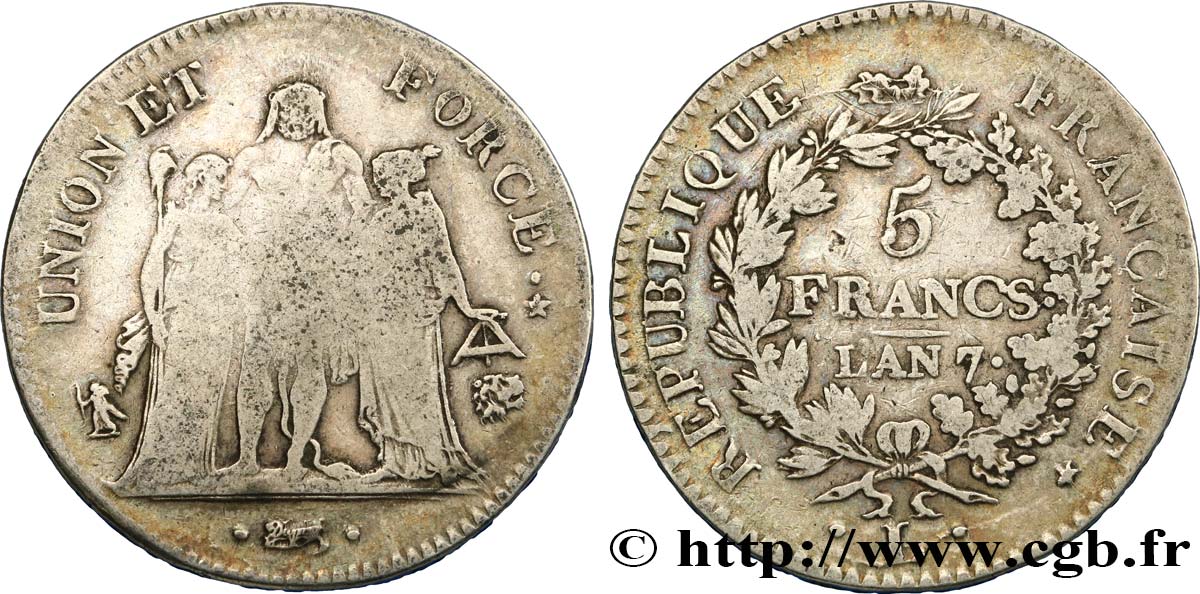 5 francs Union et Force, Union serré, seulement gland extérieur 1799 Bayonne F.288/112 B12 