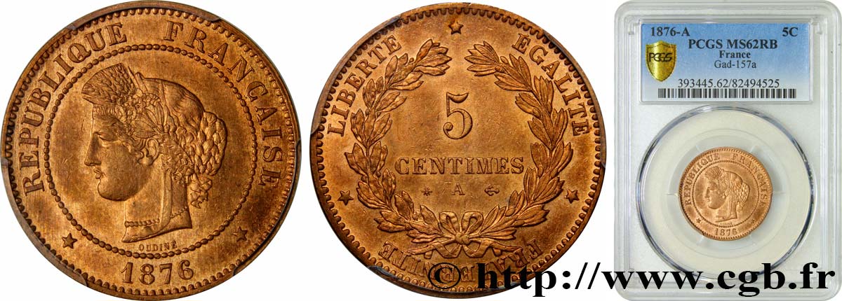 5 centimes Cérès 1876 Paris F.118/13 SPL62 PCGS