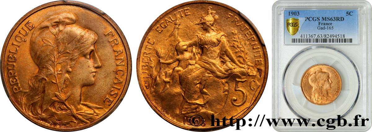 5 centimes Daniel-Dupuis 1903  F.119/13 SPL63 PCGS