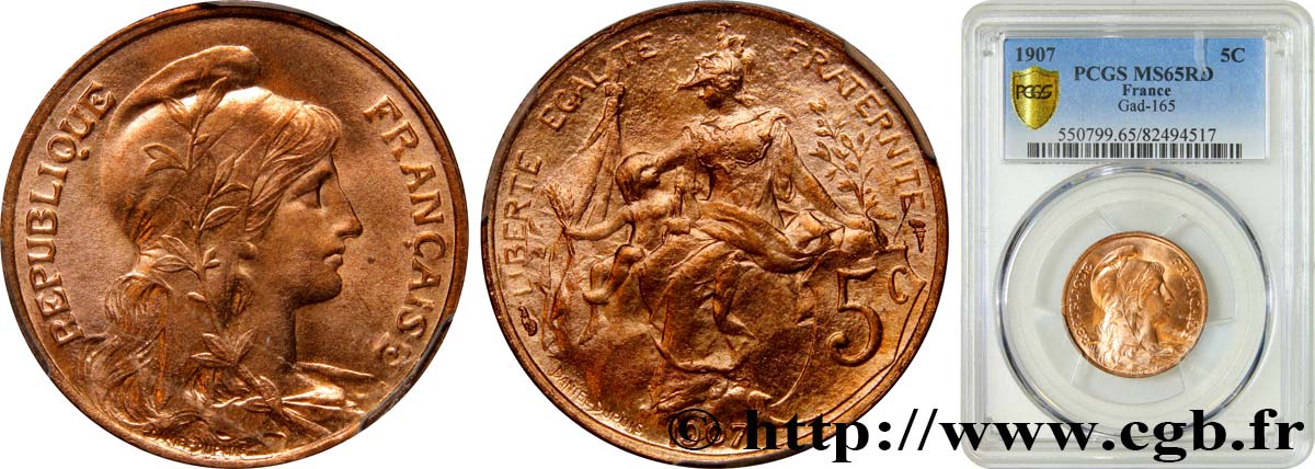 5 centimes Daniel-Dupuis 1907  F.119/17 ST65 PCGS