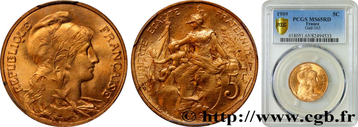5 centimes Daniel-Dupuis 1909  F.119/20 ST65 PCGS