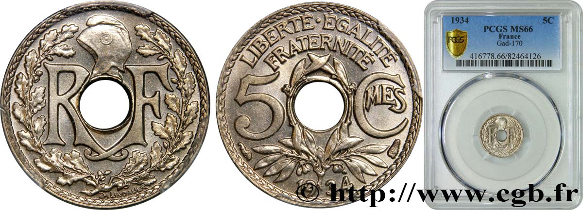 5 centimes Lindauer, petit module 1934 Paris F.122/17 MS66 PCGS